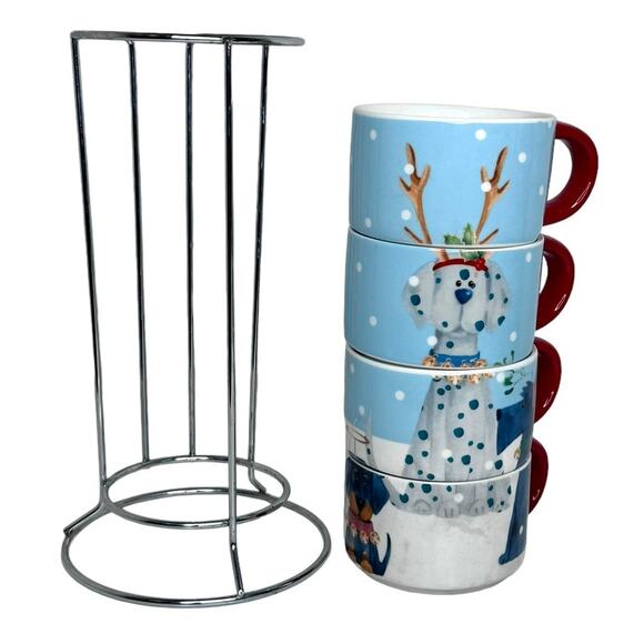 Pier 1 Imports Christmas Dog Stacking Mugs Set of 4 Stoneware Mugs With Caddy - Picture 4 of 10